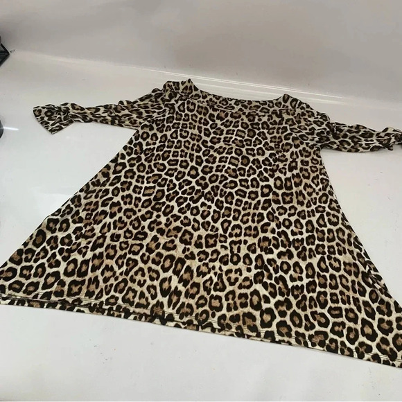 Chicos 0 Top Shirt US  Small Brown Animal Print  Tunic Boat Neck 3/4 Sleeve Work - Picture 9 of 13